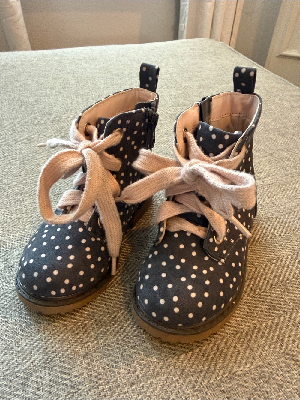 Cat & Jack Navy Polka Dot Lace-Up Kids Boots with Cream Laces